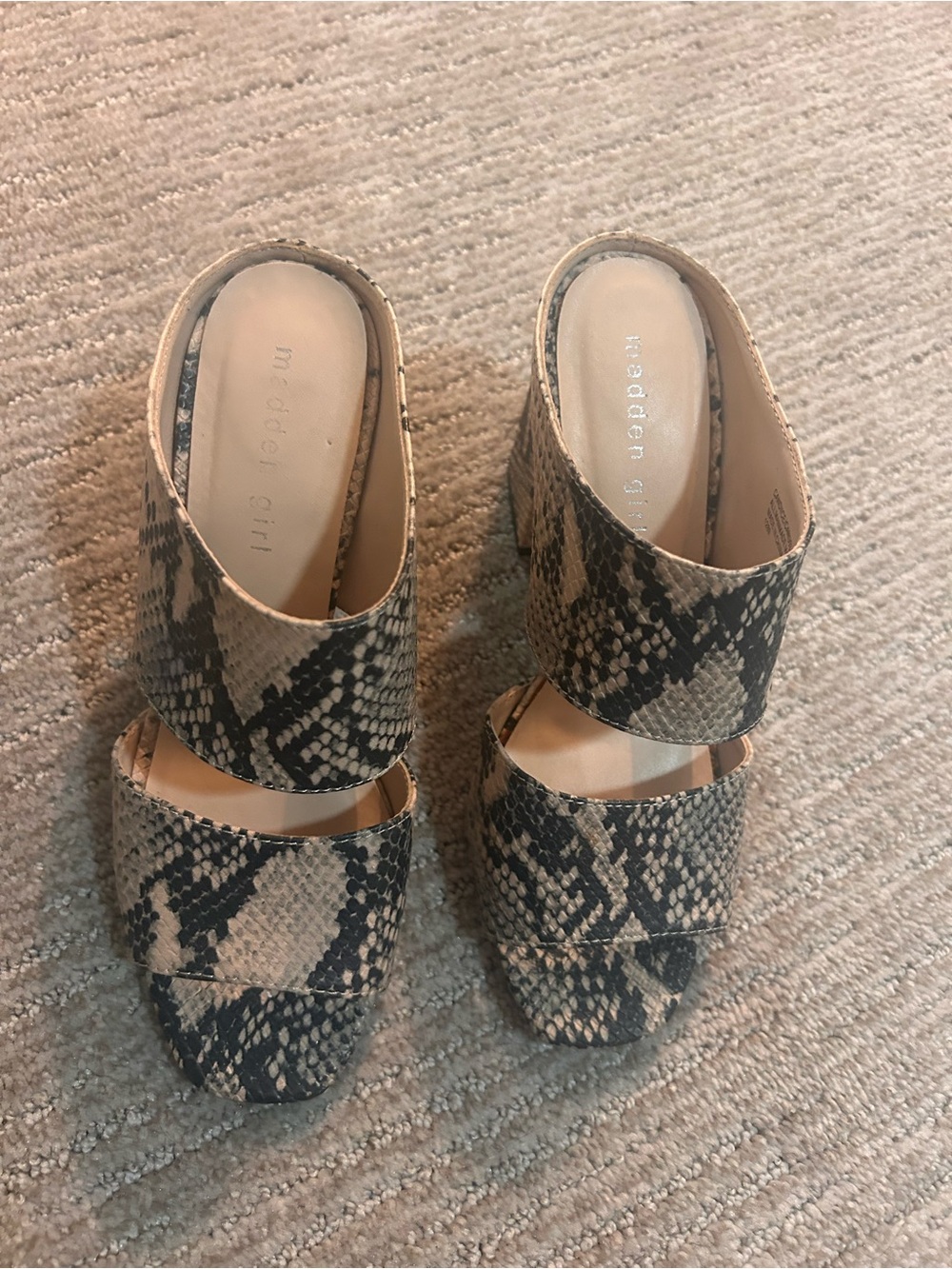 Madden Girl Two-Band Snake-Print Mules in Beige and Black